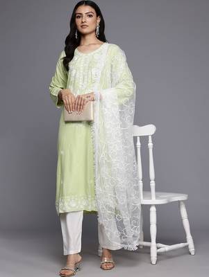 Floral Embroidered Chikankari Kurta With Trousers & Dupatta 8