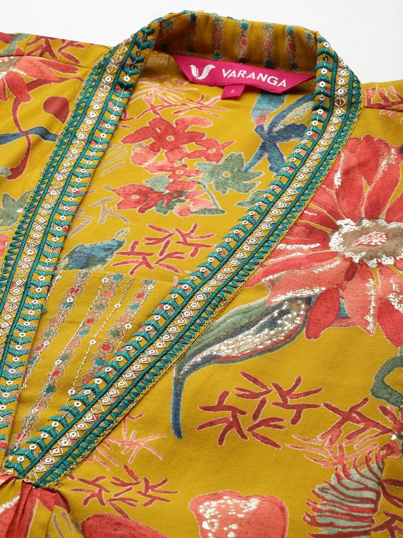Floral Printed Thread & Sequin Embroidered Kurta Set