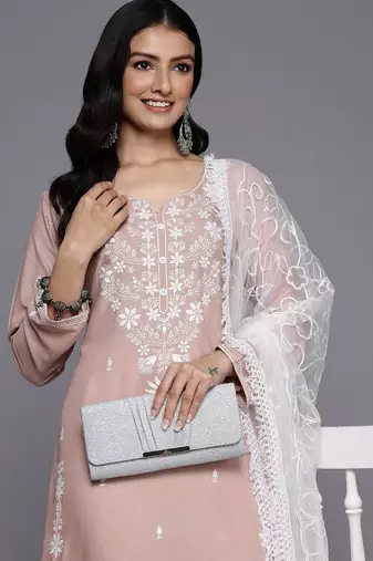 Floral Embroidered Thread Work Kurta With Trousers & Dupatta