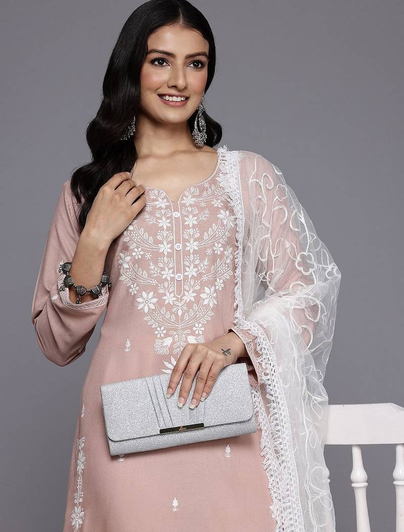 Floral Embroidered Thread Work Kurta With Trousers & Dupatta
