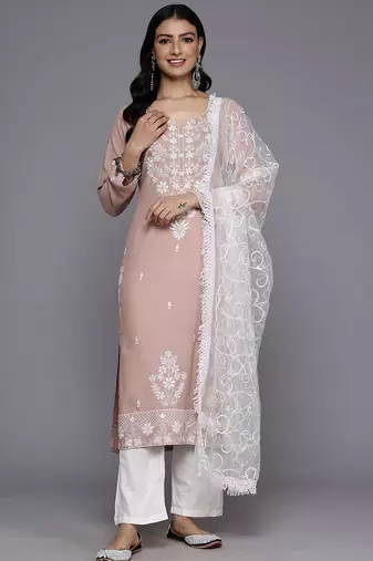 Floral Embroidered Thread Work Kurta With Trousers & Dupatta