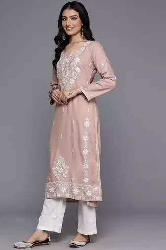 Floral Embroidered Thread Work Kurta With Trousers & Dupatta