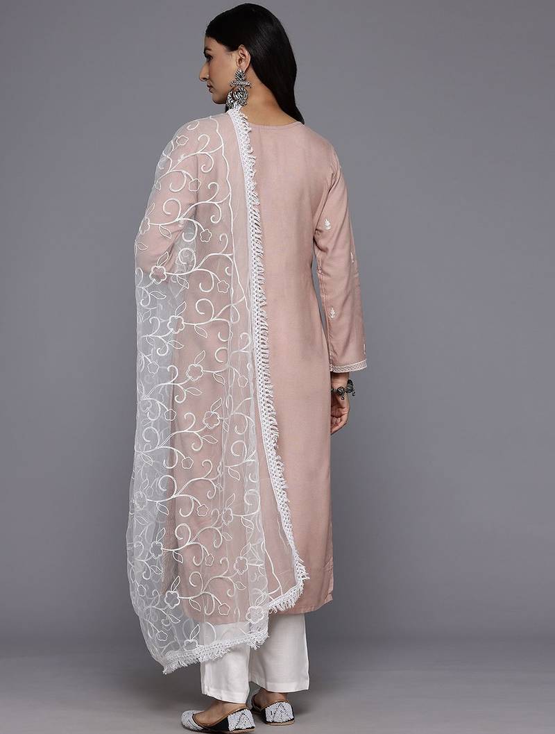 Floral Embroidered Thread Work Kurta With Trousers & Dupatta