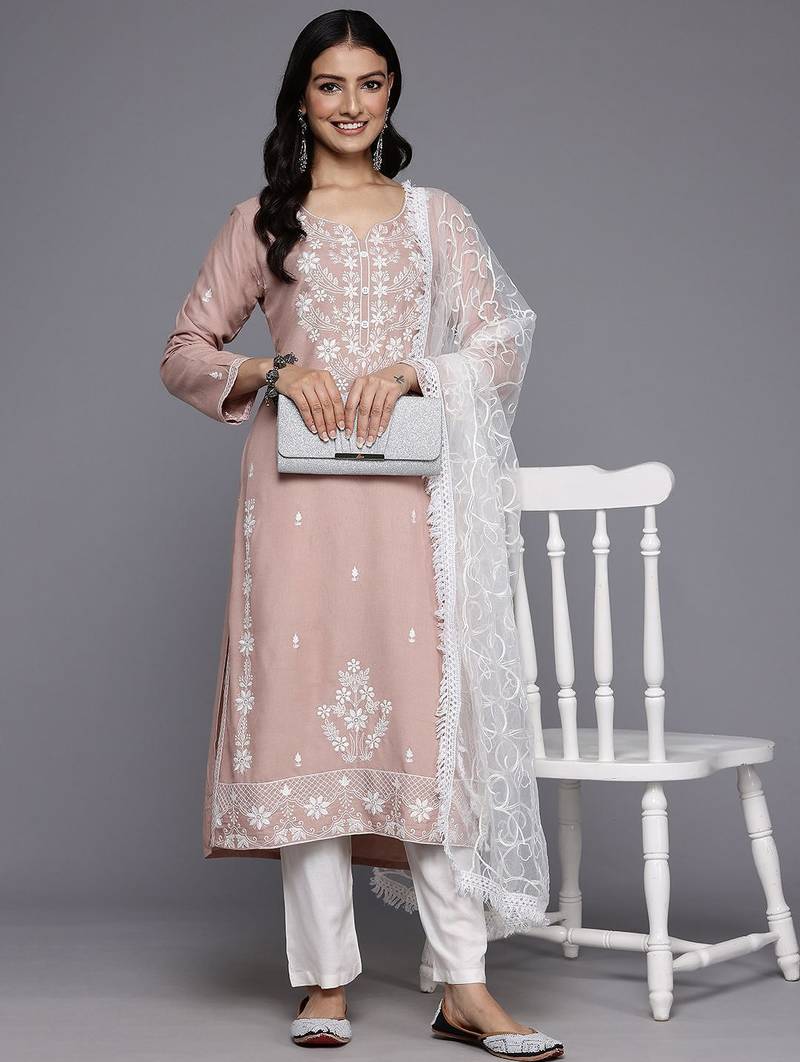 Floral Embroidered Thread Work Kurta With Trousers & Dupatta
