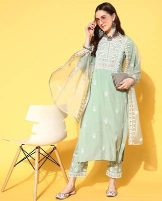 Women Ethnic Motifs Embroidered Thread Work Kurta with Trousers & With Dupatta 1