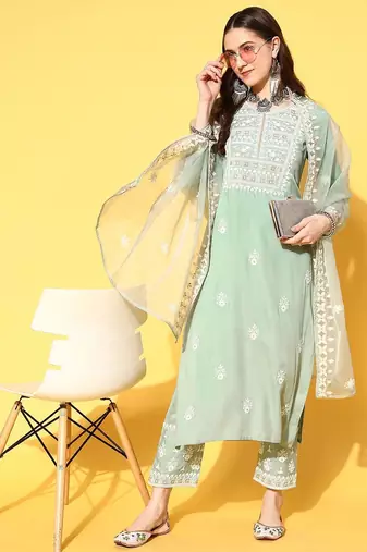Women Ethnic Motifs Embroidered Thread Work Kurta with Trousers & With Dupatta