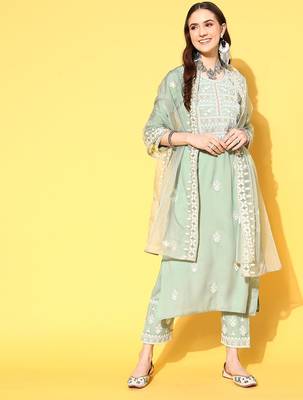 Women Ethnic Motifs Embroidered Thread Work Kurta with Trousers & With Dupatta 4