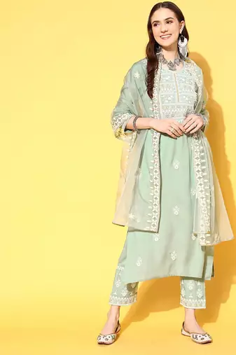 Women Ethnic Motifs Embroidered Thread Work Kurta with Trousers & With Dupatta