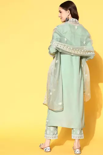 Women Ethnic Motifs Embroidered Thread Work Kurta with Trousers & With Dupatta