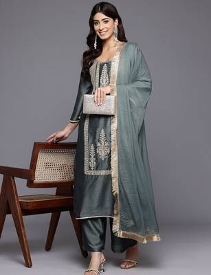 Ethnic Motifs Embroidered Zari Kurta With Palazzos & Dupatta 1