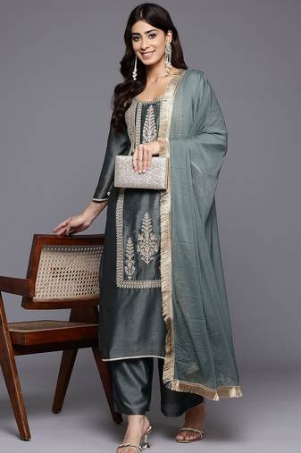 Ethnic Motifs Embroidered Zari Kurta With Palazzos & Dupatta