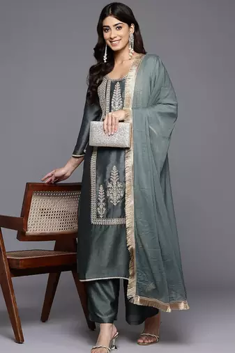 Ethnic Motifs Embroidered Zari Kurta With Palazzos & Dupatta