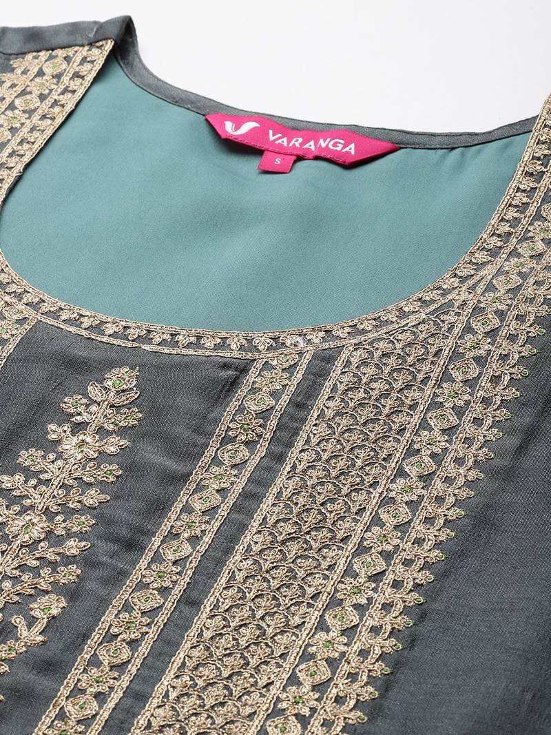 Ethnic Motifs Embroidered Zari Kurta With Palazzos & Dupatta