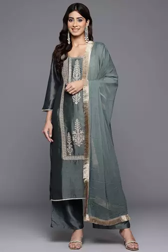 Ethnic Motifs Embroidered Zari Kurta With Palazzos & Dupatta
