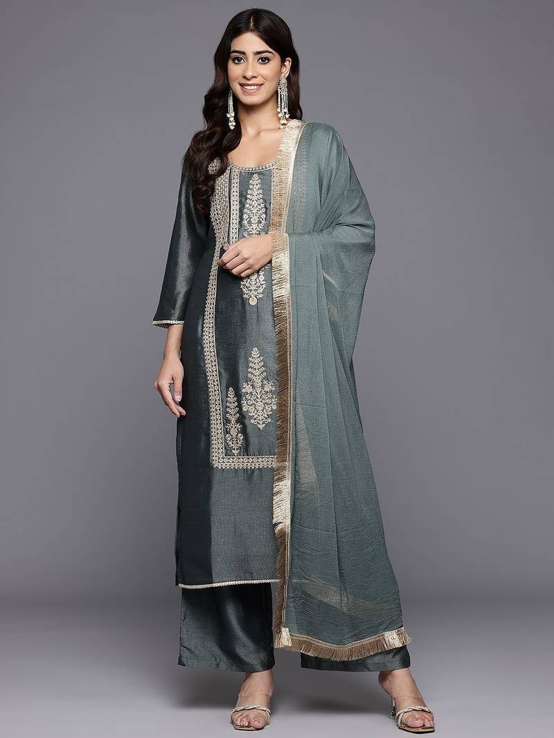 Ethnic Motifs Embroidered Zari Kurta With Palazzos & Dupatta