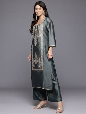 Ethnic Motifs Embroidered Zari Kurta With Palazzos & Dupatta 6