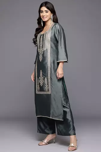 Ethnic Motifs Embroidered Zari Kurta With Palazzos & Dupatta