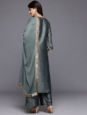 Ethnic Motifs Embroidered Zari Kurta With Palazzos & Dupatta 7