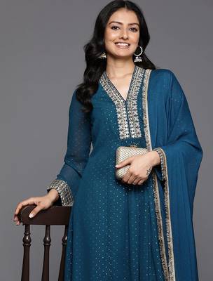 Embroidered Pleated Mirror Work Silk Georgette Anarkali Kurta Set 2