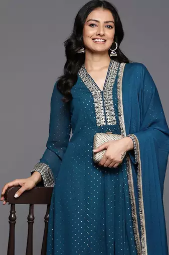 Embroidered Pleated Mirror Work Silk Georgette Anarkali Kurta Set