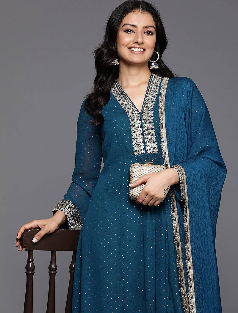Embroidered Pleated Mirror Work Silk Georgette Anarkali Kurta Set