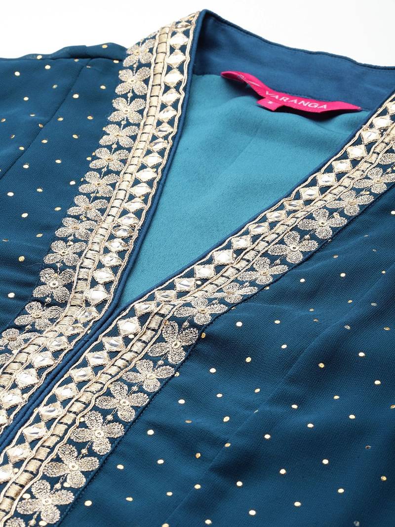 Embroidered Pleated Mirror Work Silk Georgette Anarkali Kurta Set