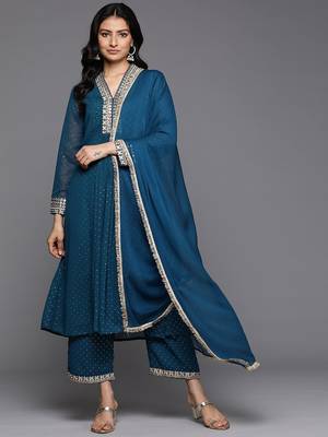 Embroidered Pleated Mirror Work Silk Georgette Anarkali Kurta Set 1