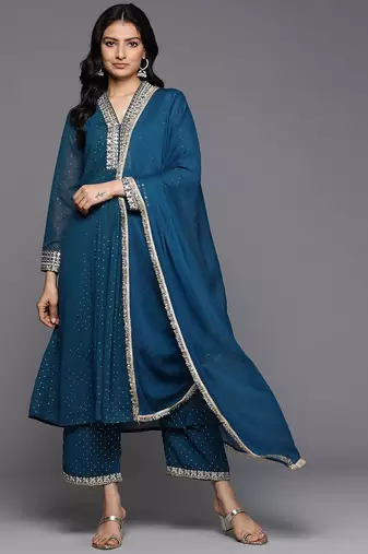 Embroidered Pleated Mirror Work Silk Georgette Anarkali Kurta Set