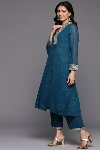 Embroidered Pleated Mirror Work Silk Georgette Anarkali Kurta Set