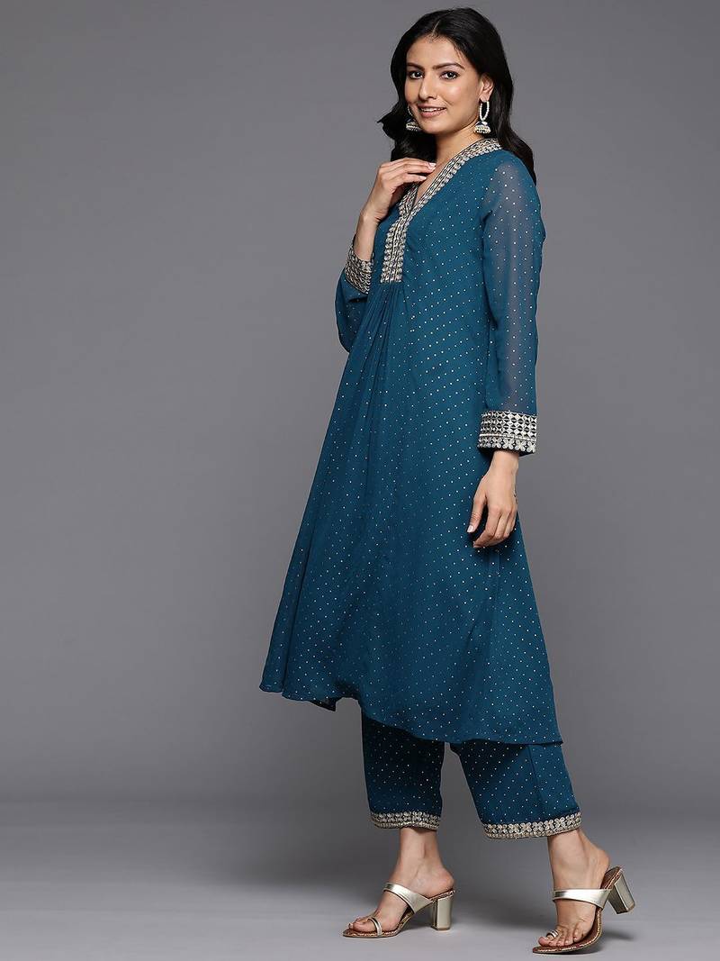 Embroidered Pleated Mirror Work Silk Georgette Anarkali Kurta Set