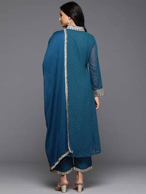 Embroidered Pleated Mirror Work Silk Georgette Anarkali Kurta Set 7