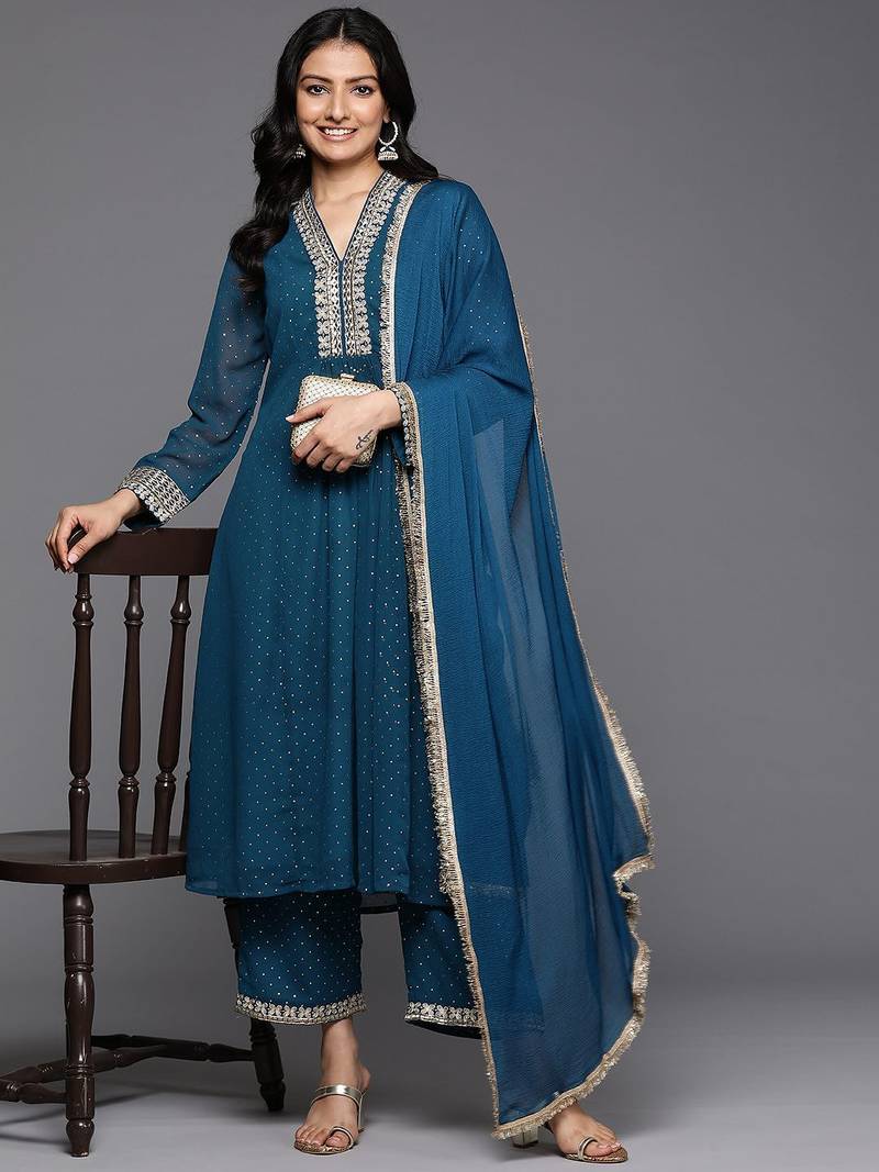 Embroidered Pleated Mirror Work Silk Georgette Anarkali Kurta Set