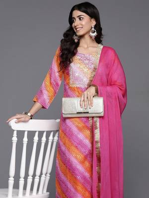 Bandhani Embroidered Zari Kurta with Trousers & Dupatta 2