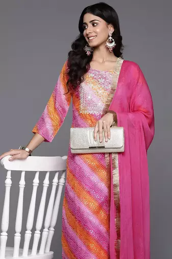 Bandhani Embroidered Zari Kurta with Trousers & Dupatta