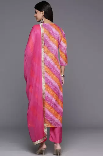Bandhani Embroidered Zari Kurta with Trousers & Dupatta
