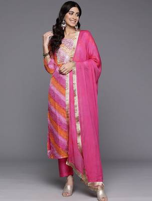 Bandhani Embroidered Zari Kurta with Trousers & Dupatta 1