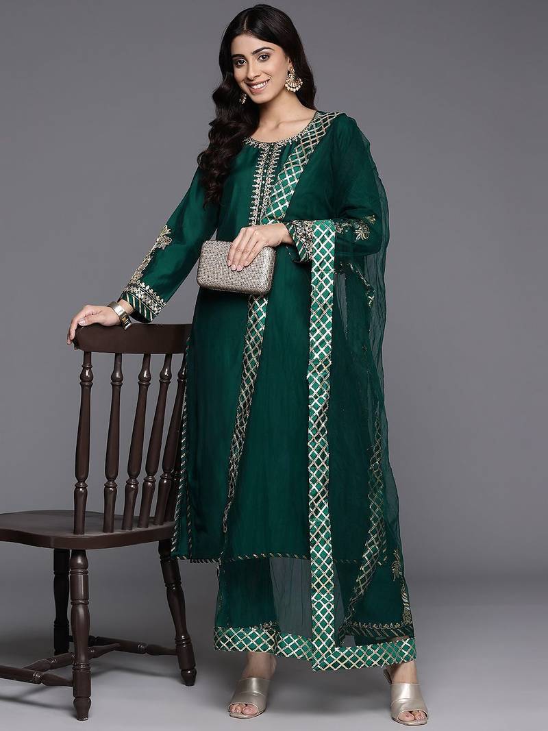 Ethnic Motifs Embroidered Zari Kurta with Trousers & Dupatta