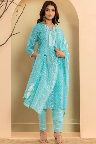 Ethnic Motifs Printed Regular Mirror Work Kurta with Trousers & With Dupatta