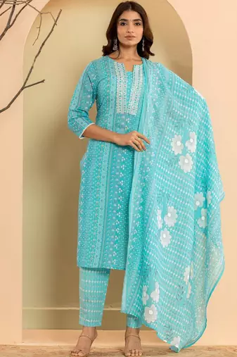 Ethnic Motifs Printed Regular Mirror Work Kurta with Trousers & With Dupatta
