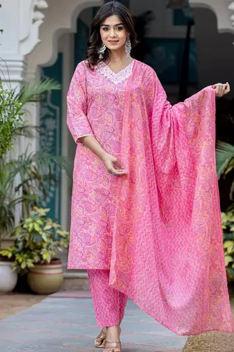 Paisley Printed Regular Thread Work Kurta with Trouser & Dupatta