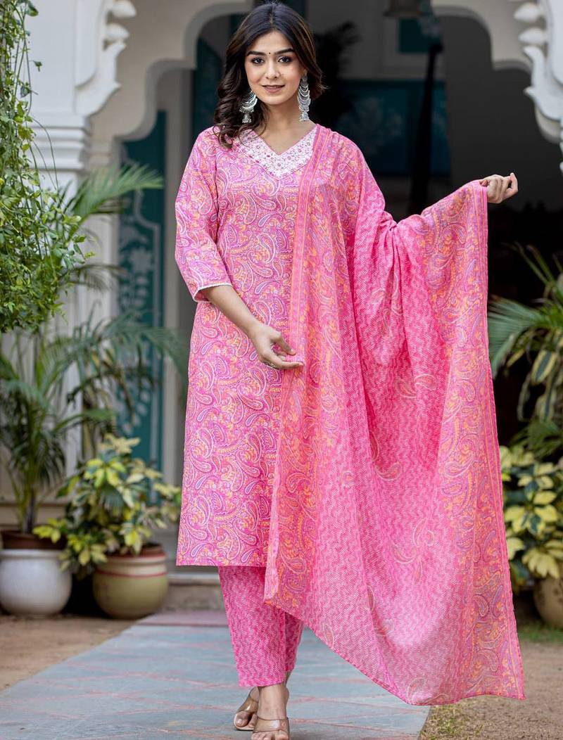 Paisley Printed Regular Thread Work Kurta with Trouser & Dupatta