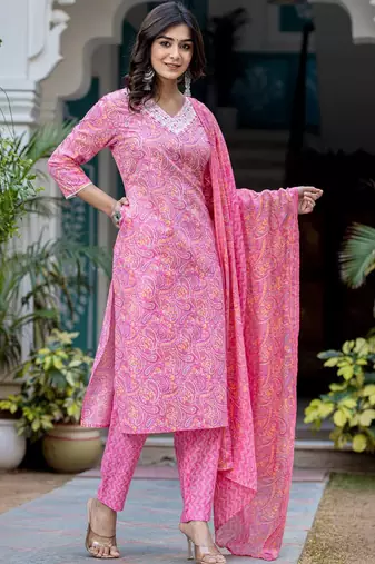 Paisley Printed Regular Thread Work Kurta with Trouser & Dupatta