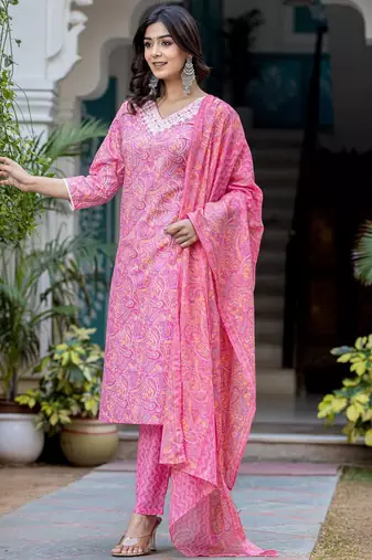 Paisley Printed Regular Thread Work Kurta with Trouser & Dupatta