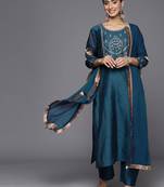 Floral Yoke Design Regular Sequinned Chanderi Silk Kurta with Trousers & Dupatta