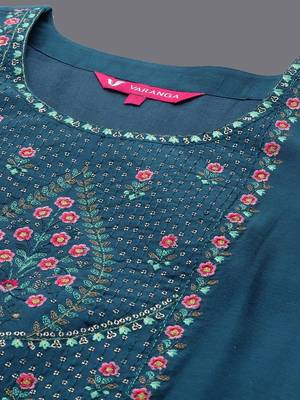 Floral Yoke Design Regular Sequinned Chanderi Silk Kurta with Trousers & Dupatta 2