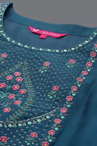 Floral Yoke Design Regular Sequinned Chanderi Silk Kurta with Trousers & Dupatta