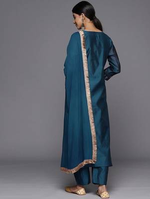 Floral Yoke Design Regular Sequinned Chanderi Silk Kurta with Trousers & Dupatta 6