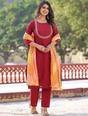 Ethnic Motifs Embroidered Regular Kurta with Trousers & With Dupatta 1