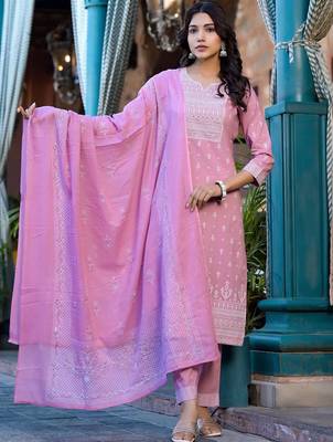 Ethnic Motifs Printed Mirror Work Pure Cotton Kurta With Trouser & Dupatta 1