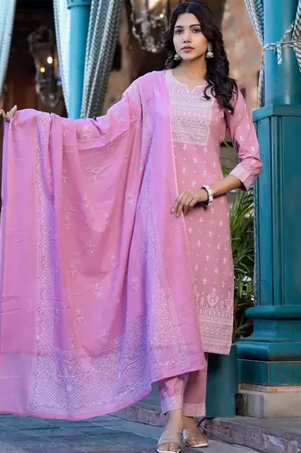 Ethnic Motifs Printed Mirror Work Pure Cotton Kurta With Trouser & Dupatta